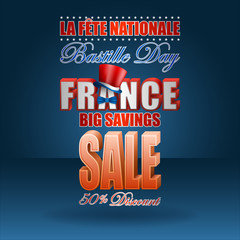 Holiday design, with 3d texts and national flag colors, for fourteenth of July, France national holiday, sales, commercial event