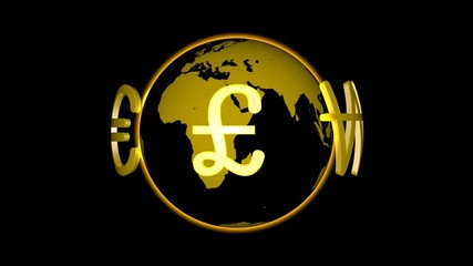 Currency signs on globe spinning, seamless loop (alpha channel) - Powered by Adobe