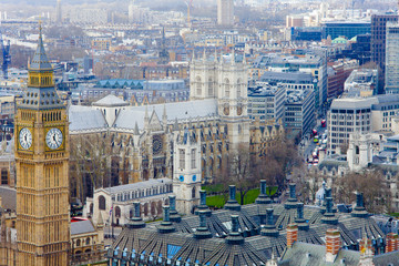Big Ben and London old city center, United Kingdom. Aerial view
