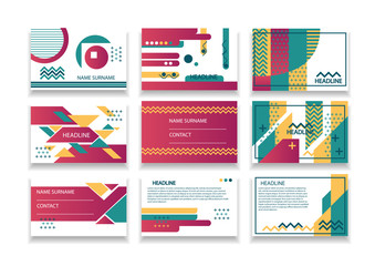 Set of nine business cards. Modern lines and geometric shapes, pink, turquoise and yellow version.