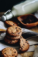 Sweet homemade cookies with pieces of chocolate. Bottle of milk.