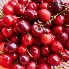 Wet fresh sweet cherries in strainer