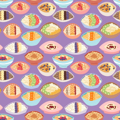 Cartoon seamless pattern healthy oatmeal porridge kasha pap morning cereal meal vector illustration.