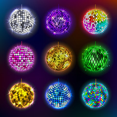 Disco balls vector illustration of discotheque dance and music party equipment round shiny entertainment. - 161873542