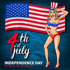 illustration of a US pin girl, fourth of July celebrating Independence Day Vector Poster. 4th of July Lettering. American Red Flag on Blue Background with Stars