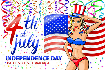 illustration of a girl celebrating Independence Day Vector Poster. 4th of July Lettering. American Red Flag on Blue Background. confetti.