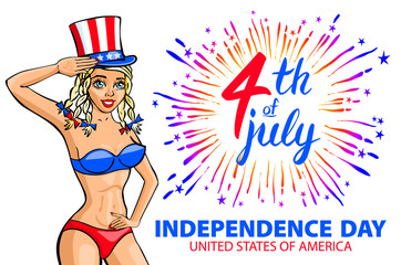illustration of a girl celebrating Independence Day Vector Poster. 4th of July Lettering. American Red on Blue Background with Stars burst. firework
