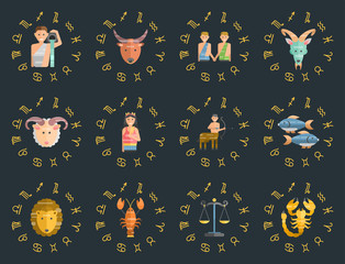 Zodiac signs flat set of horoscope symbols star collection astrology ascendant figure nativity vector astrological calendar illustration
