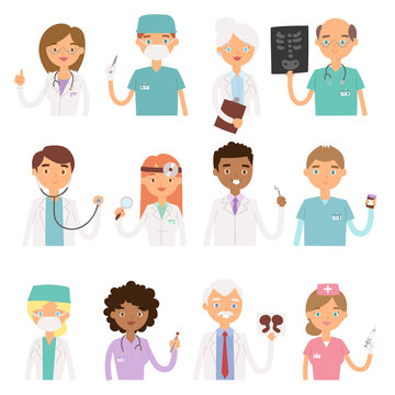Different doctors profession charactsers vector medical people set.