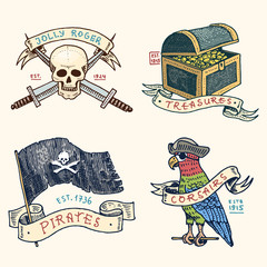 Obraz premium set of engraved, hand drawn, old, labels or badges for corsairs, skull at anchor, treasures, flag , Caribbean parrot. Jolly roger. Pirates marine and nautical or sea, ocean emblem.