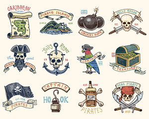 set of engraved, hand drawn, old, labels or badges for corsairs, skull at anchor, map to treasure, black beard, Caribbean island. Jolly roger. Pirates marine and nautical or sea, ocean emblem.
