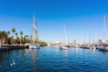 Street view of Barcelona harbor with boats, Spain Europe