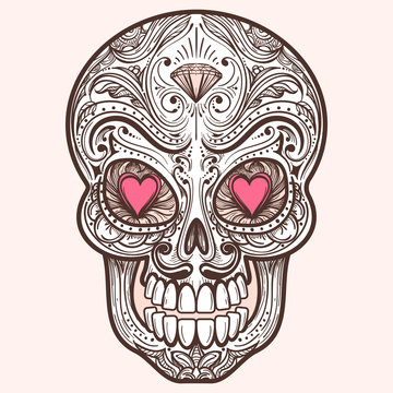 Cute Mexican Sugar Skull With Hearts And Diamond, Vector Illustration