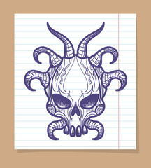 Hand sketched monsters skull with horns on line page, vector illustration