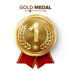 Gold 1st Place Medal Vector. Metal Realistic Badge With First Placement Achievement. Round Label With Red Ribbon, Laurel Wreath, Star. Winner Honor Prize. Competition Game Golden Winner Trophy Award