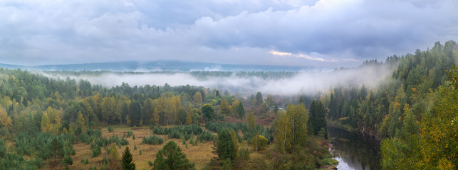 Panorama of autumn forest in a natural park of deer streams