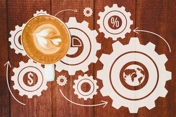 Composite image of gear with symbols over white background