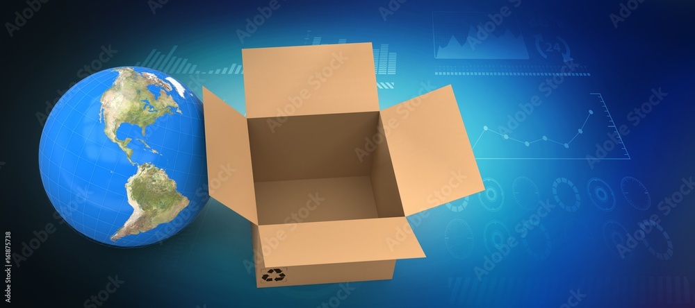 Poster composite image of 3d image of globe with empty cardboard box