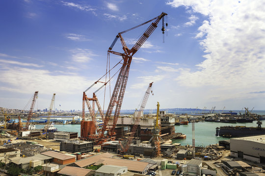 Baku, Azerbaijan - 17 July, 2015: Red KAZMORTRANSFLOT oil tanker docks in new port at Baku