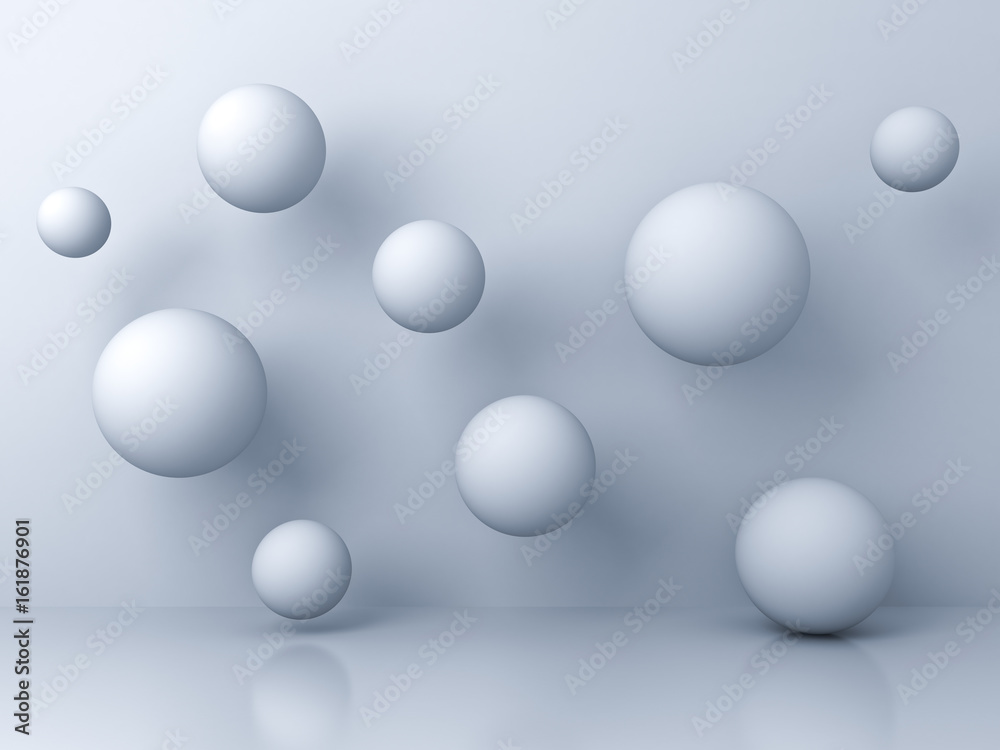 Aufkleber Abstract white flying 3d spheres on white background with reflection and shadows. 3D rendering.