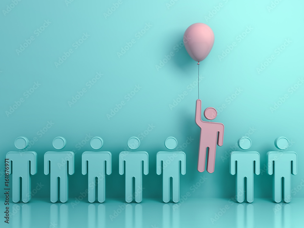 Leinwandbilder Stand out from the crowd and different concept , One man flying upward with pink balloon out from other green people on light green background with reflections and shadows . 3D rendering.