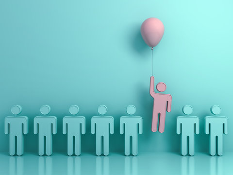 Stand out from the crowd and different concept , One man flying upward with pink balloon out from other green people on light green background with reflections and shadows . 3D rendering.