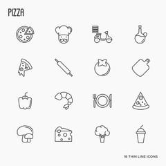 Pizza cooking related thin line icons: tomato, cheese, shrimp, delivery, mushrooms, chef, bike. Vector illustration.