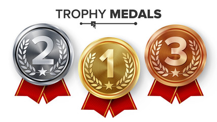 Gold, Silver, Bronze Medals Set Vector. Metal Realistic Badge With First, Second, Third Placement Achievement. Round Label With Red Ribbon. Winner Prize. Competition Game Golden, Silver, Bronze Trophy