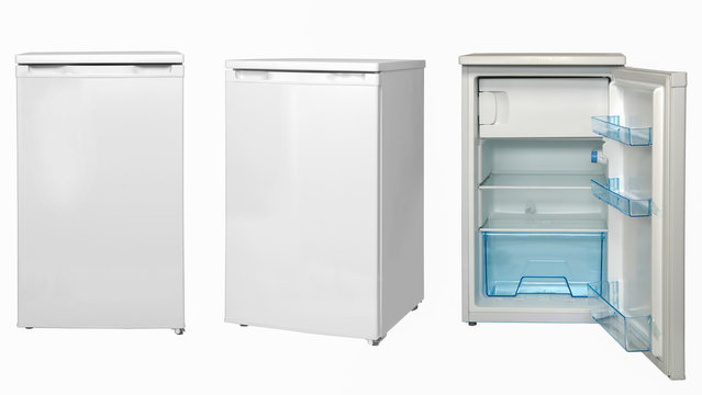 small refrigerators, open and closed on a white background