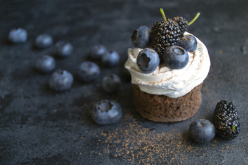 Chocolate cake with berries, blueberry and mulberry. On a black background. A dark photo.