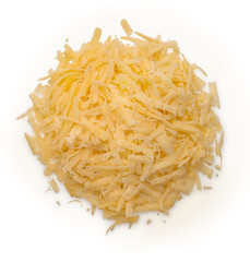 Heap of grated cheese isolated on a white background, top view, close up.