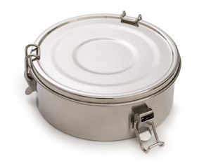 Silver, chrome or nickel metal round box, container for food with closed cover and latches isolated on a white background