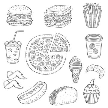 Vector hand drawn illustration of fast food
