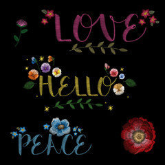 Traditional folk creative stylish stylish floral embroidery on the black background. summer Sale. Font alphabet numbers and symbols. Sketch for printing on clothing and fabrics. vector