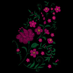 Colorful embroidery. Neckline flower pattern with roses, ethnic. Vector traditional traditional flowers on a black background