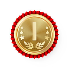 Gold 1st Place Rosette, Badge, Medal Vector. Realistic Achievement With Best First Placement. Round Championship Label With Red Rosette. Ceremony Winner Honor Prize. Sport Game Golden Challenge Award