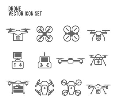 Drone Quadrocopters and remote control Icon Vector Set