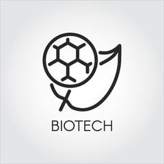 Fototapeta premium Line icon of leaf and molecule symbolizing biotech. Simplicity black emblem of biotechnology concept. Connecting science, nature and molecular chemistry theme. Vector logo
