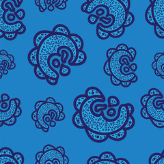 Seamless pattern. Doodle elements on blue background. Ornaments for web, wrapping paper, print, fabric, textile design. Monochrome vector illustration. Bright texture. Abstract backdrop. Aztec style.