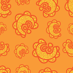 Seamless pattern. Doodle elements on orange background. Ornaments for web, wrapping paper, print, fabric, textile design. Monochrome vector illustration. Bright texture. Abstract backdrop. Aztec style