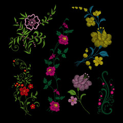 Set of Peony. Traditional folk stylish stylish floral embroidery on the black background. Sketch for printing on clothing, fabric, masks, accessories and design. Trend vector