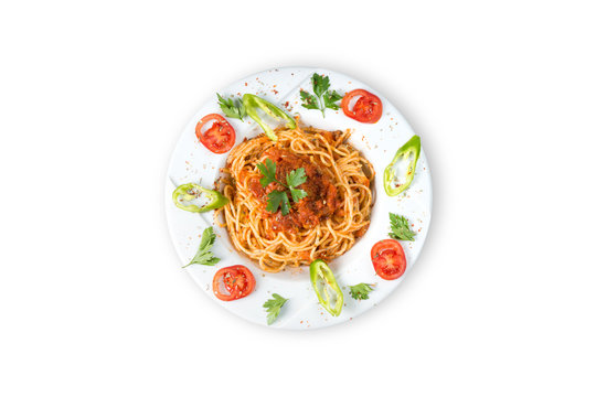 Spaghetti Bolognese Plate Isolated on White - Clipping Path Inside