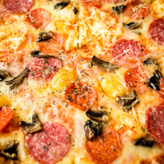 Tasty Italian pizza with ingredients. Flat lay, top view.