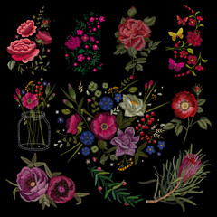 Set of Peony. Traditional folk stylish stylish floral embroidery on the black background. Sketch for printing on clothing, fabric, masks, accessories and design. Trend vector
