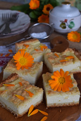 Fototapeta na wymiar Homemade cottage cheese pie. Rustic grated cake bars on a wooden board