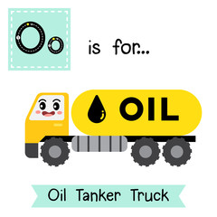 Letter O cute children colorful transportations alphabet tracing flashcard of Oil Tanker Truck for kids learning English vocabulary Vector Illustration.