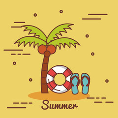 Palm tree lifesaver and flip flops over yellow background vector illustration