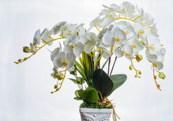 Closeup bouquet of artificial flowers. Ornamental bouquet in red bucket on white background. Vintage bloom decoration.