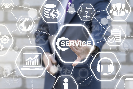 Businessman is pressing on the virtual screen and selecting "Service Gear". Business Support Service Help FAQ Concept.