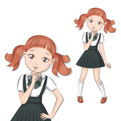 Portrait of a smiling happy girl. She showing victory and success signs. She is in school uniform. Isolated on white background.